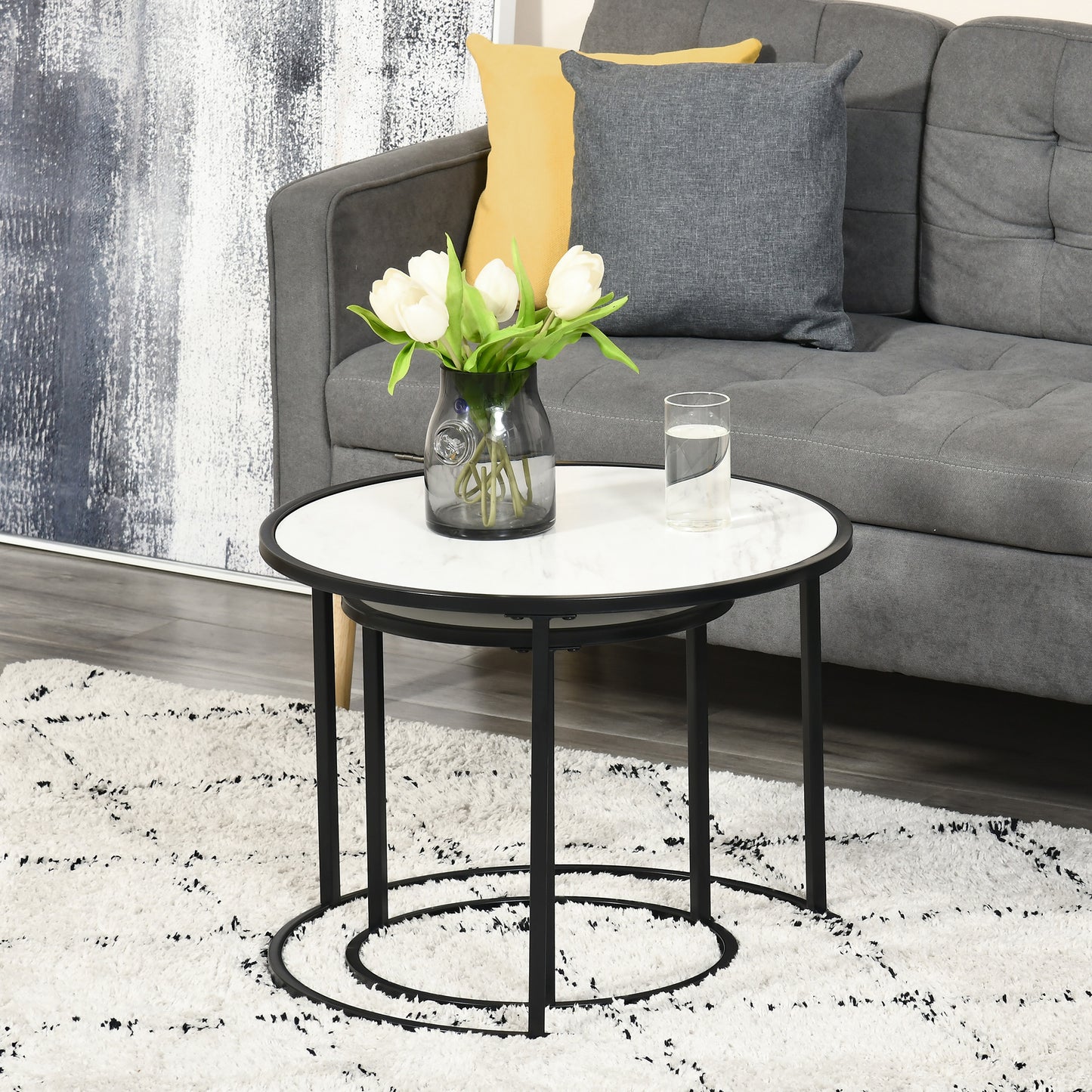 White Round Nesting Coffee Tables with Faux Marble Top