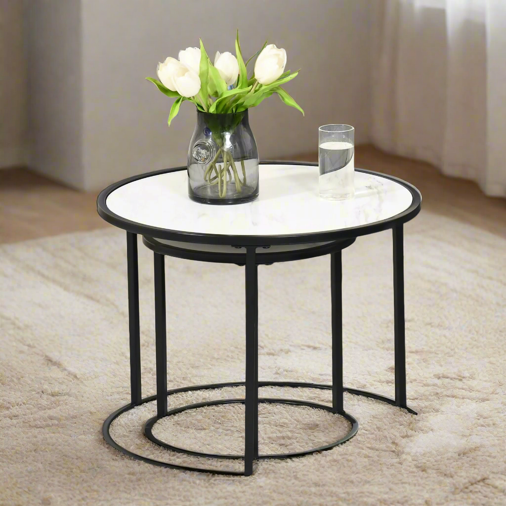 White Round Nesting Coffee Tables with Faux Marble Top