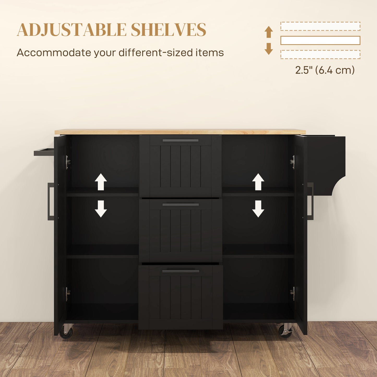 Rolling Kitchen Cart with Drop Leaf, 3 Drawers and Solid Wood Top, Black