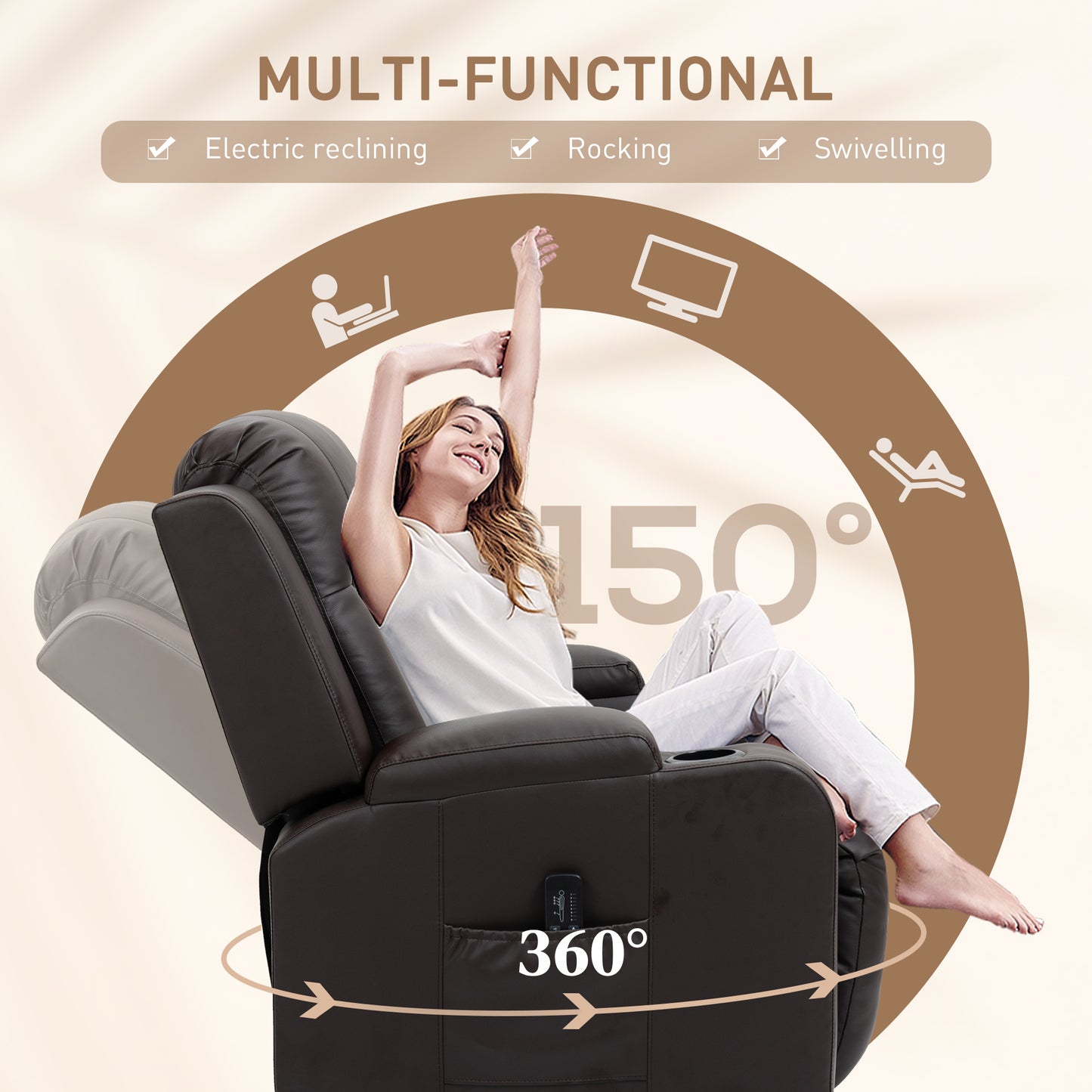 360° Swivel Massage Recliner Chair with Cup Holders, Brown