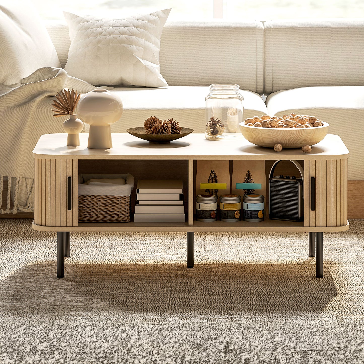 Nordic Coffee Table with Sliding Tambour Doors, Oak