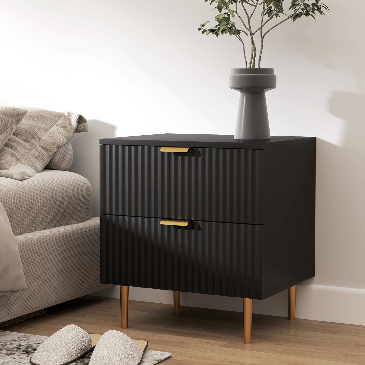 Modern Nightstand with Gold Finger Pulls and Fluted Drawers, Black