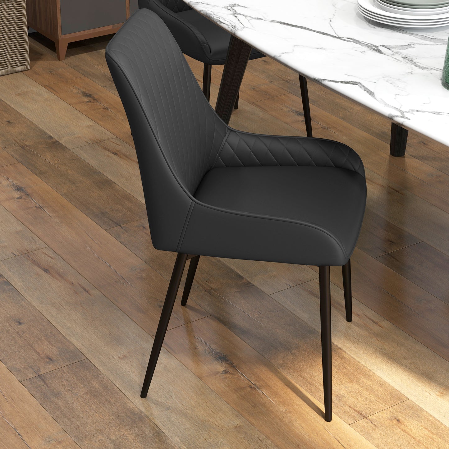 PU Leather Dining Chairs with Diamond Tufting and Metal Legs, Black (Set of 4)