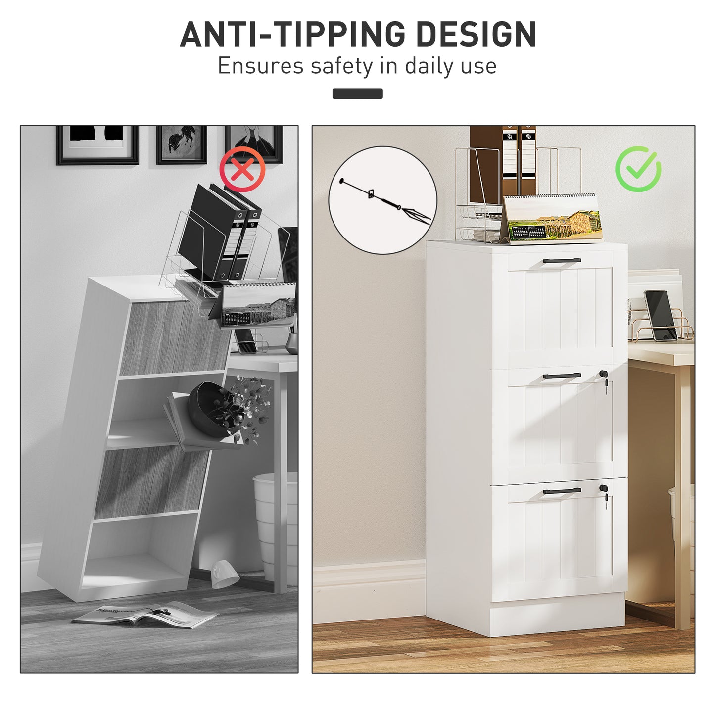 3-Drawer Locking File Cabinet with Adjustable Hanging Bars - White
