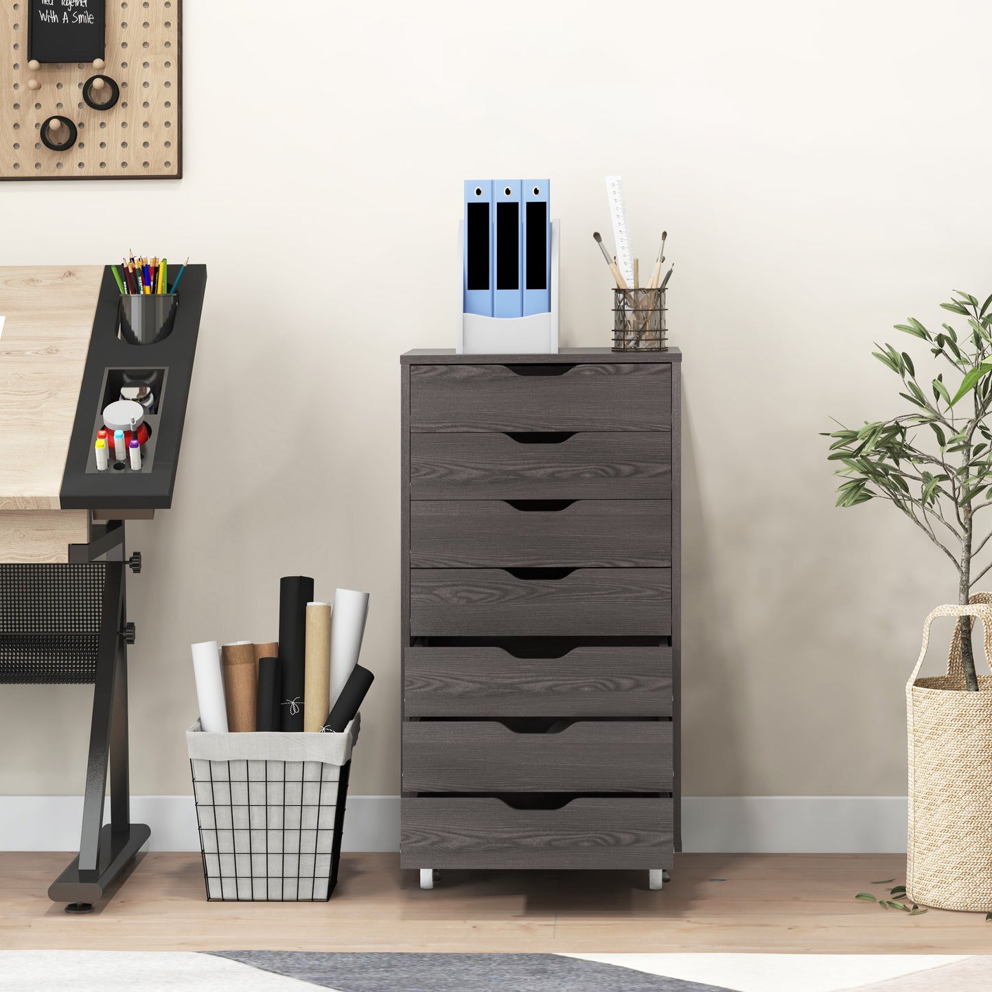7-Drawer Mobile Storage Cabinet for Home Office - Grey Wood Grain
