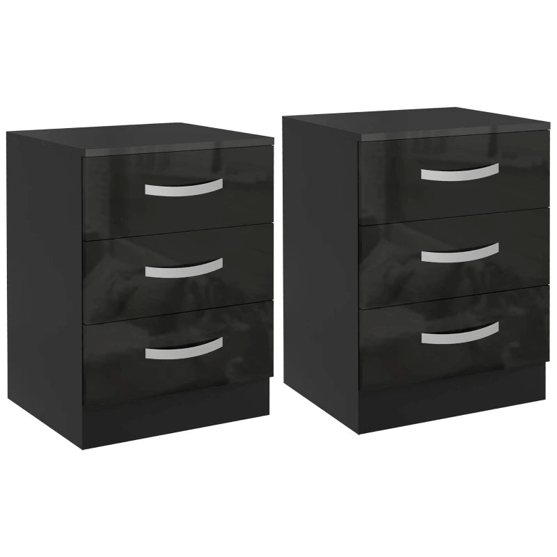 High Gloss 3-Drawer Nightstands, Black (Set of 2)