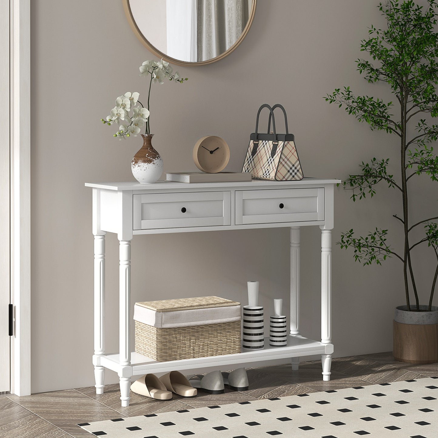 36" Console Table with Classic Turned Legs and Storage, White