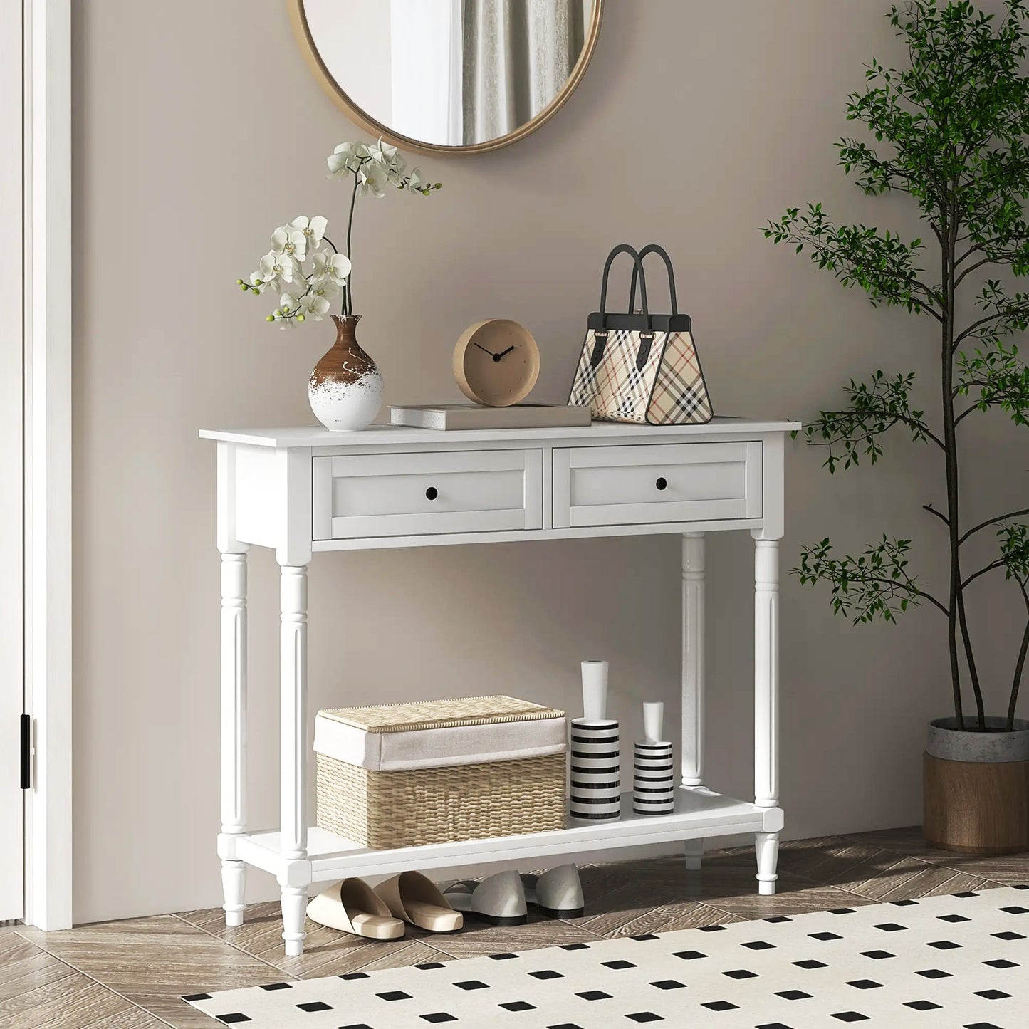 36" Console Table with Classic Turned Legs and Storage, White