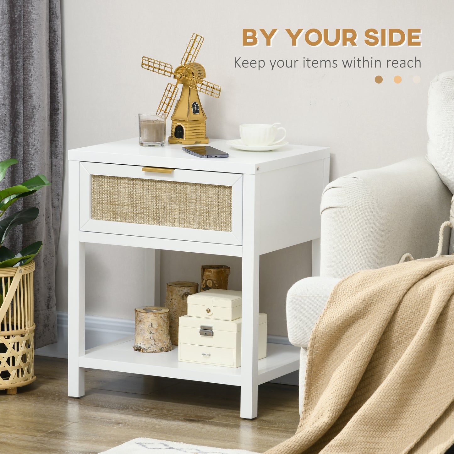 Boho Nightstand with Rattan Drawer and Open Shelf, White