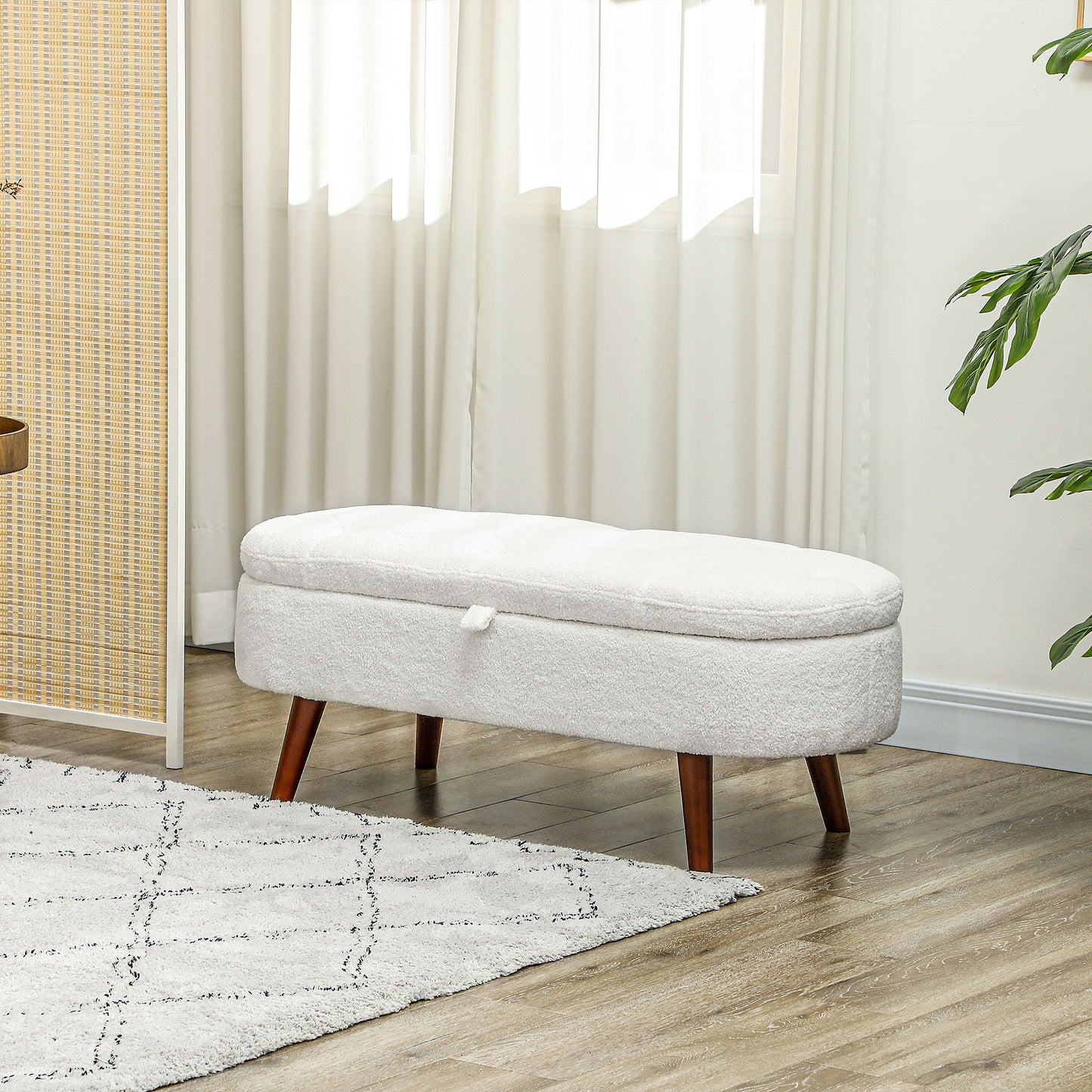 Boucle Storage Bench with Tufted Teddy Fleece Design, White