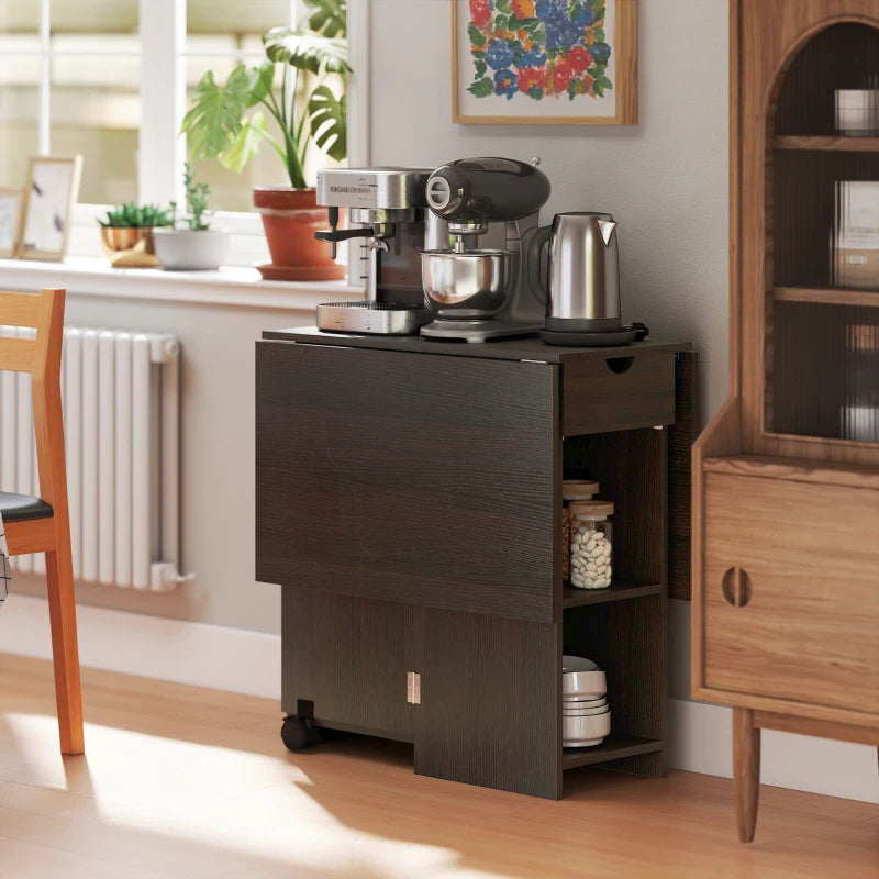 Folding Dining Table with Drawer and Storage Shelves - Dark Brown