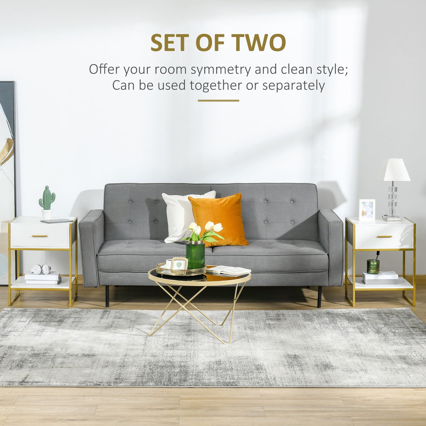 Modern Nightstands with Gold Steel Frame, White (Set of 2)
