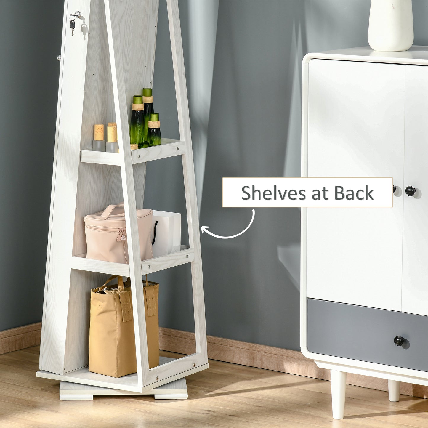 360° Swivel Jewelry Armoire with Lockable Mirror Cabinet, White