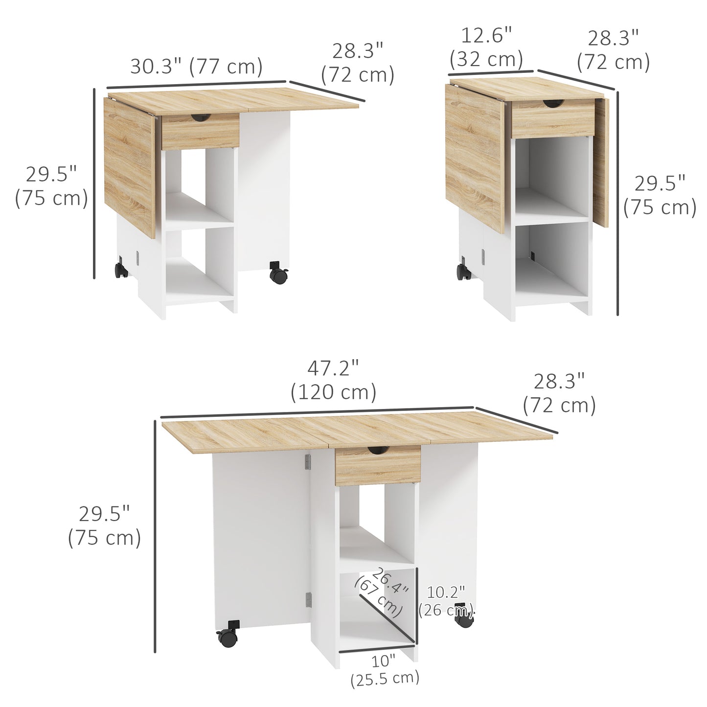 Folding Dining Table with Drawer and Storage Shelves - Oak