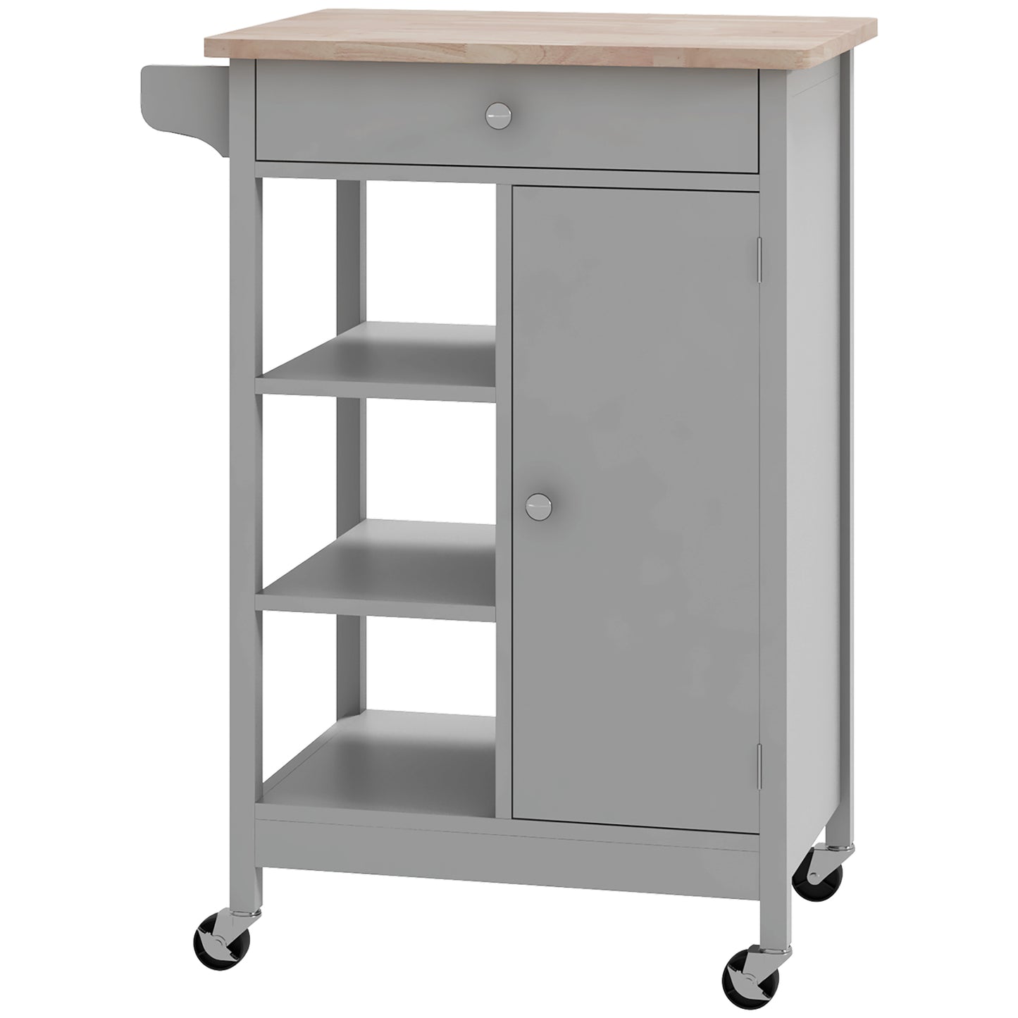 Modern Rolling Kitchen Island Cart with Natural Wood Top, Grey