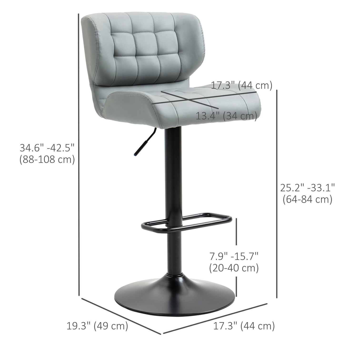 Adjustable Height Swivel Bar Stools with Tufted PU Leather, Gray (Set of 2)