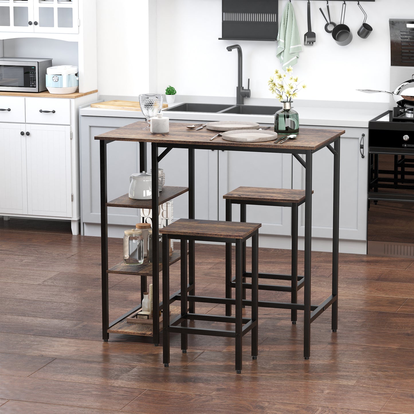 Industrial Bar Table Set with 2 Stools and Storage Shelf