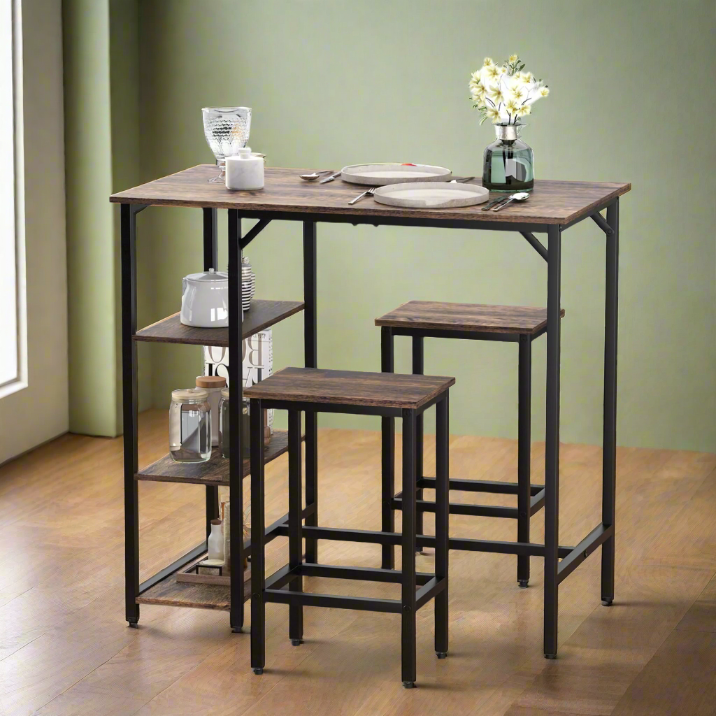 Industrial Bar Table Set with 2 Stools and Storage Shelf