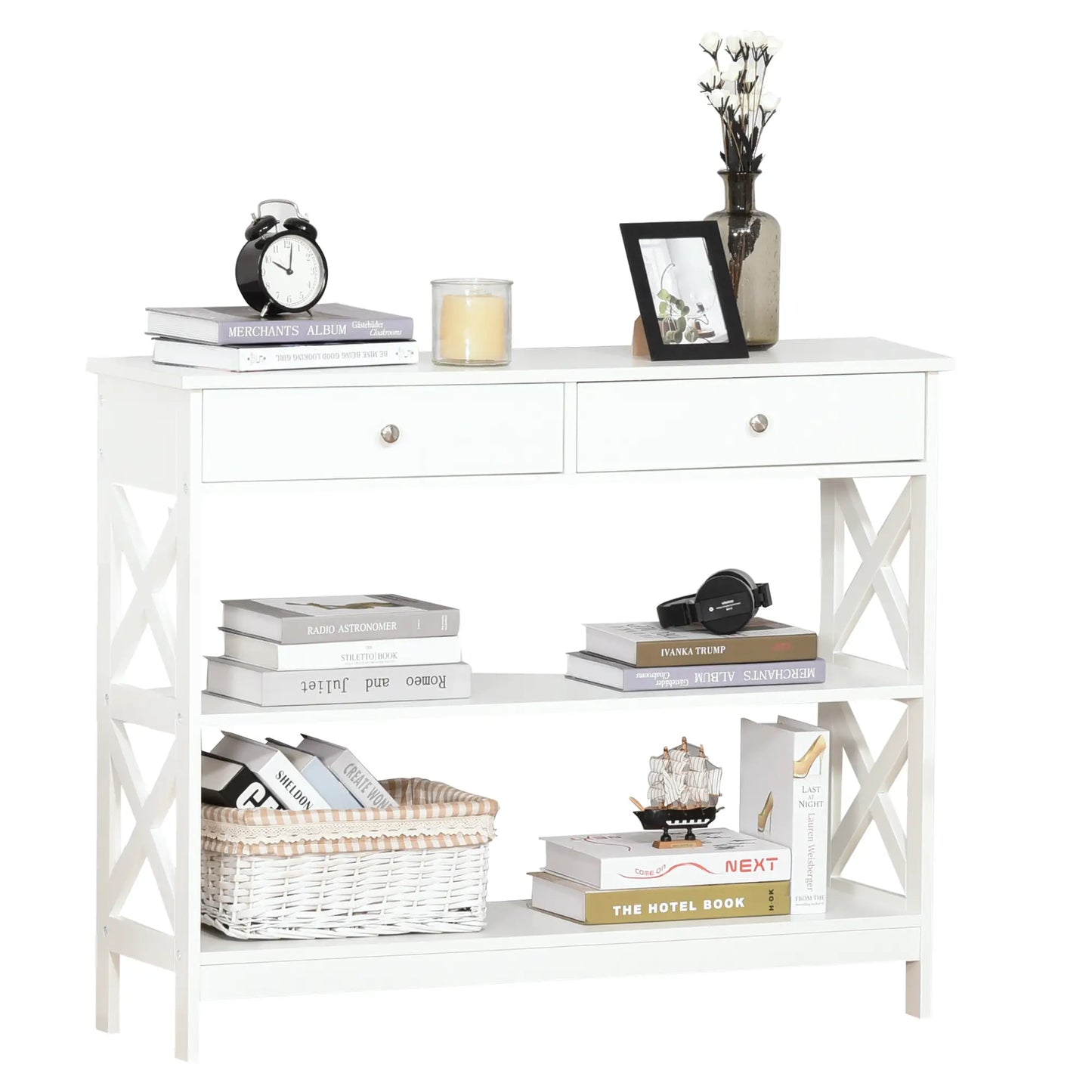 39" Console Table with X-Frame Design and Storage Drawers, White