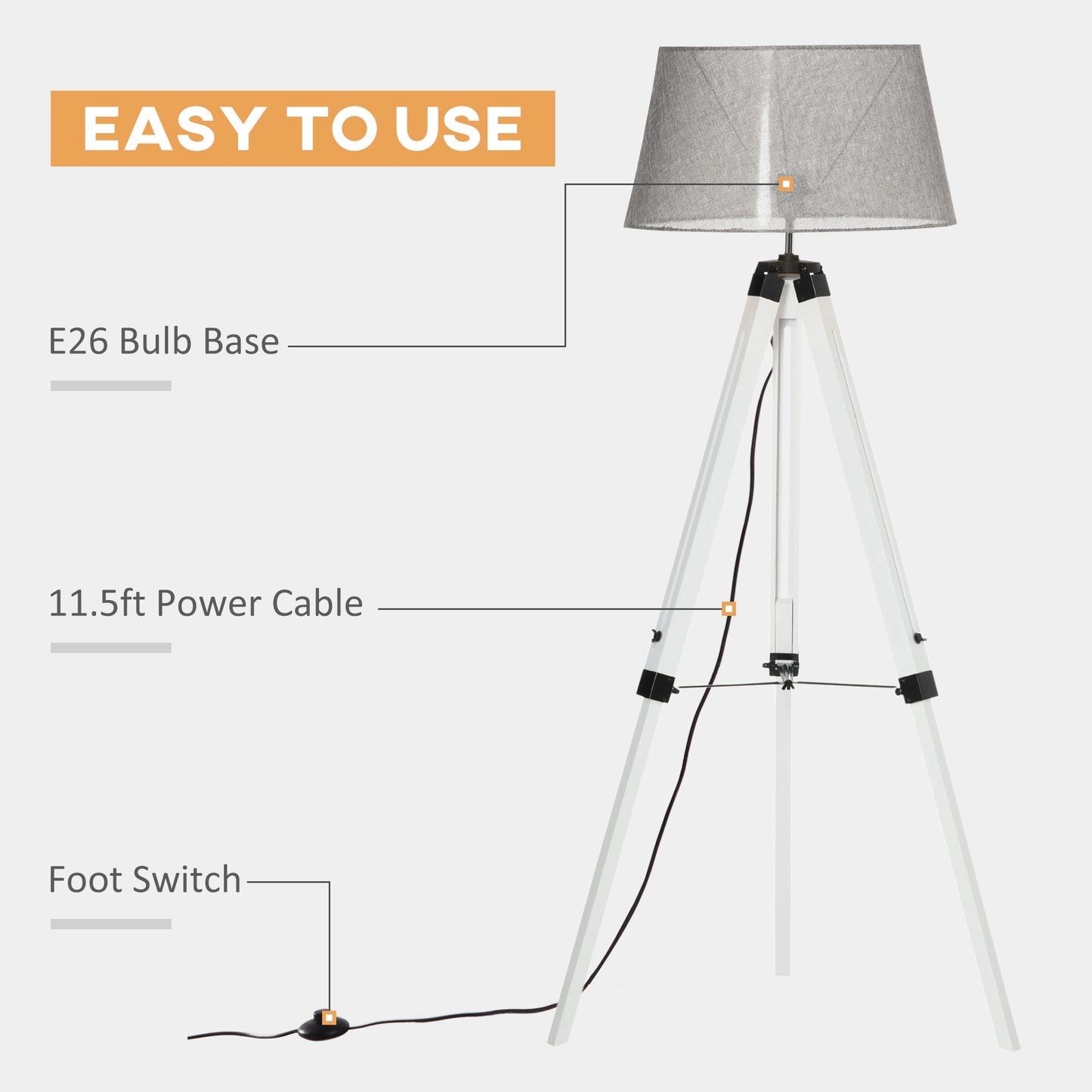 Adjustable Wooden Tripod Floor Lamp - White & Grey