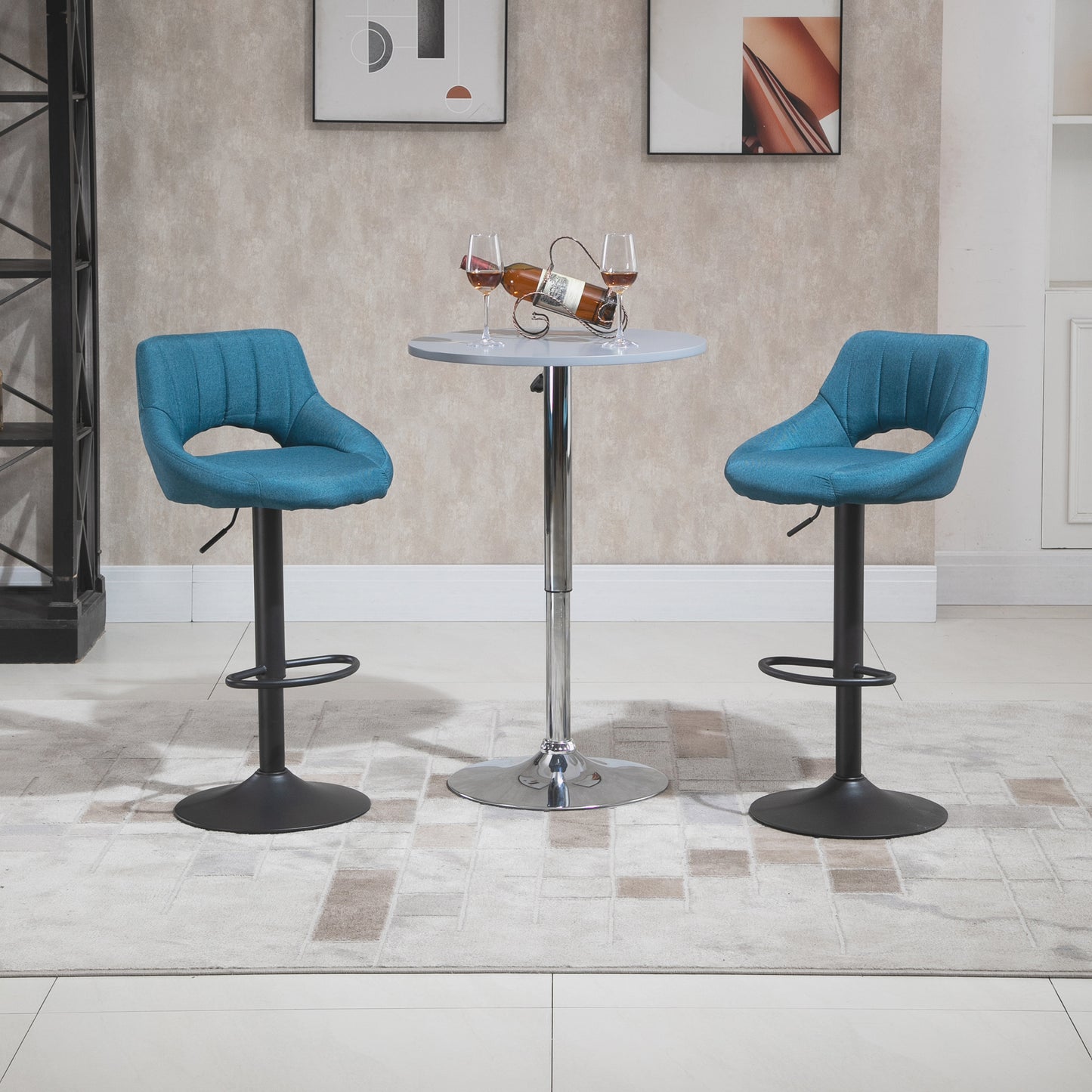 Adjustable Height Swivel Bar Stools with Linen Upholstery, Blue (Set of 2)