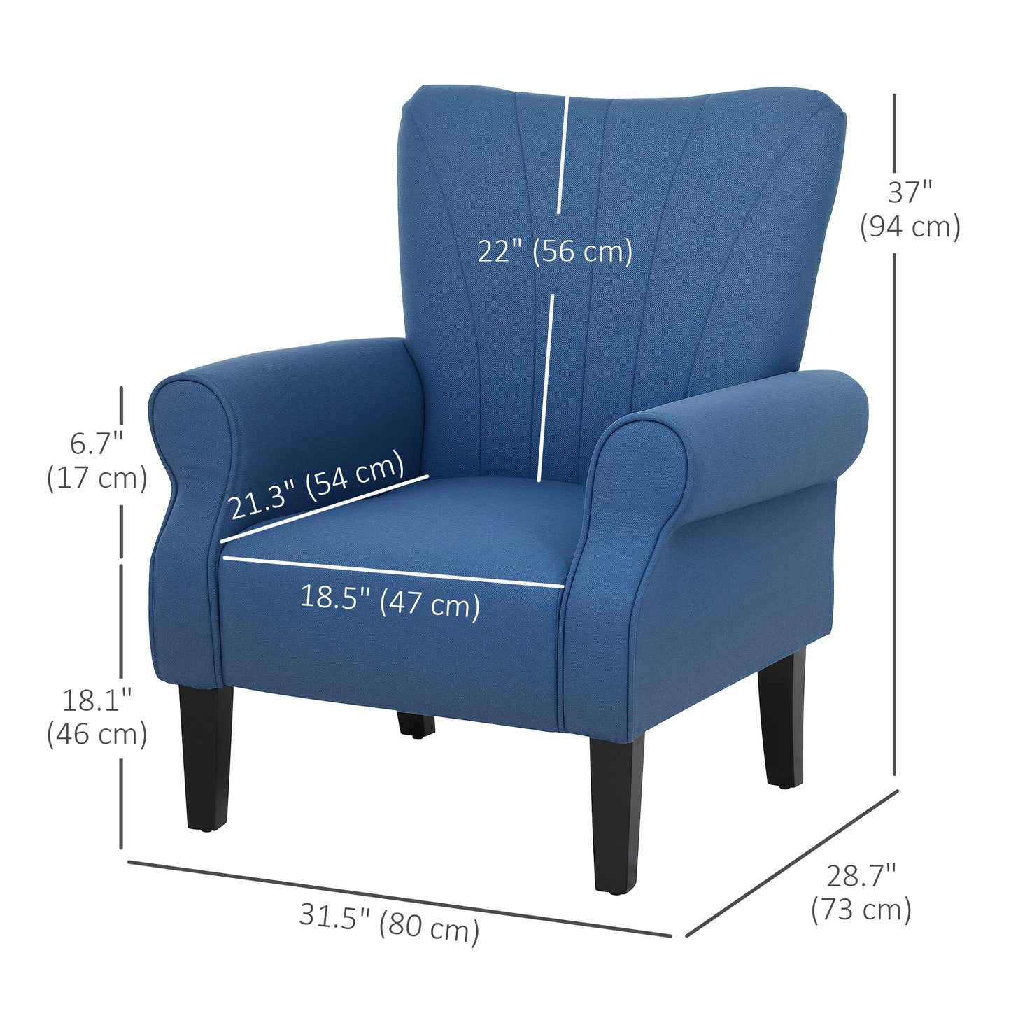Fabric Wingback Accent Chair with Wood Legs, Dark Blue