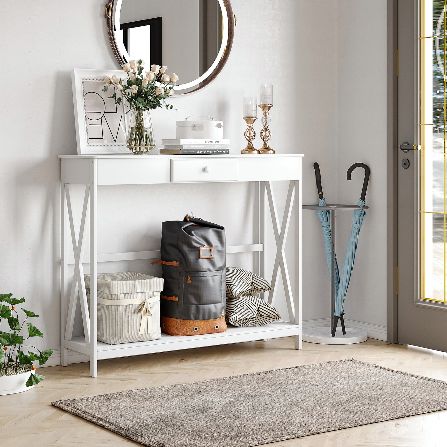 39" X-Design Console Table with Drawer and Storage Shelf, White