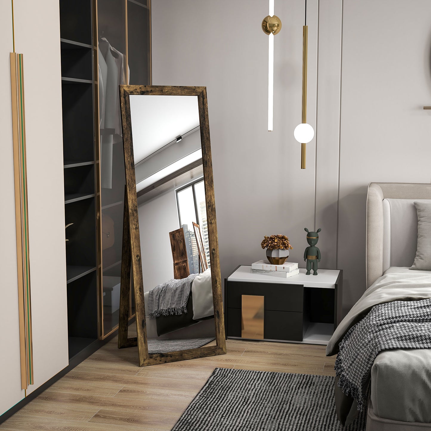 Full Length Floor Standing Mirror with Rustic Brown Frame, 58" x 20"