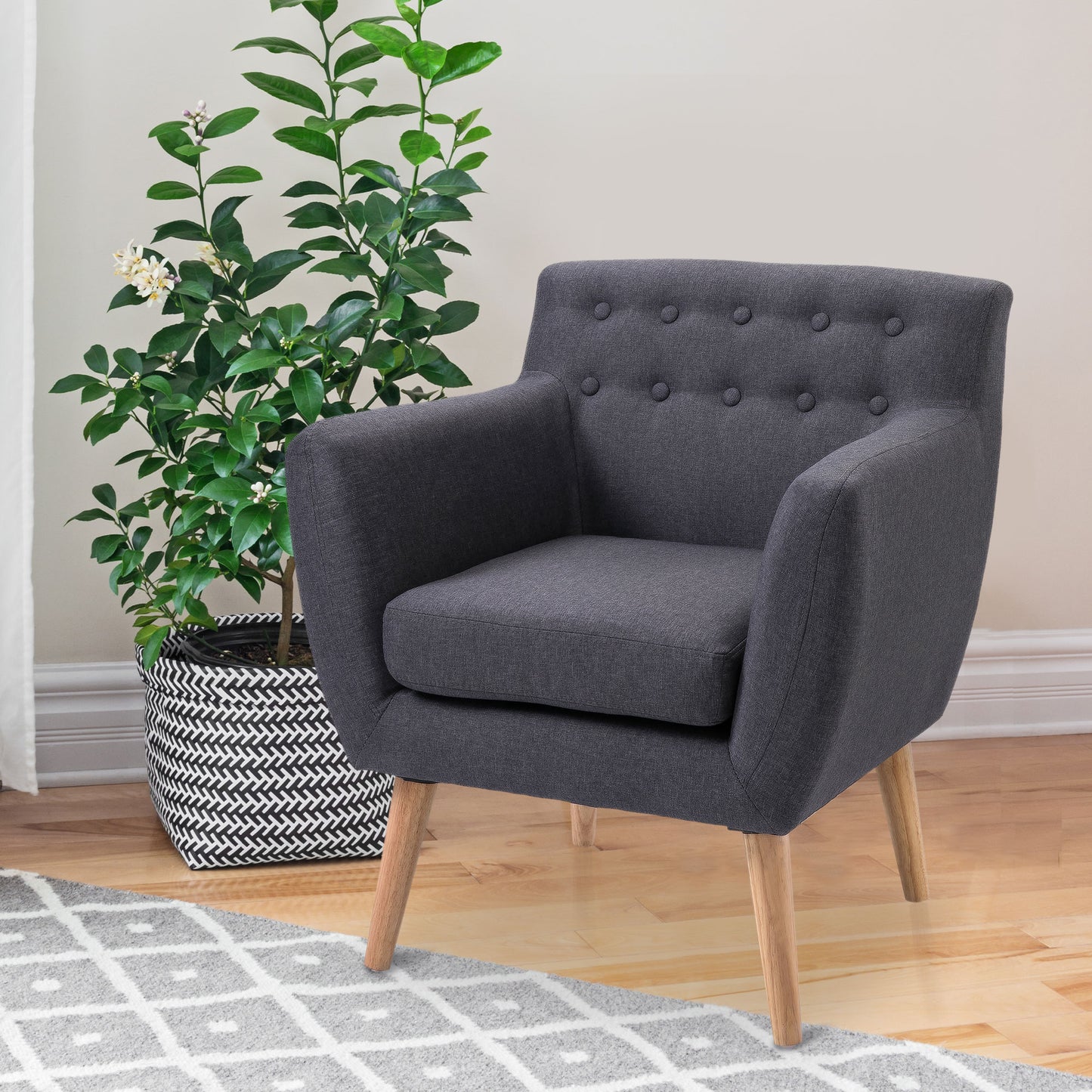 Linen Upholstery Armchair, Mid-Century Modern Accent Chair with Wood Frame, Dark Gray