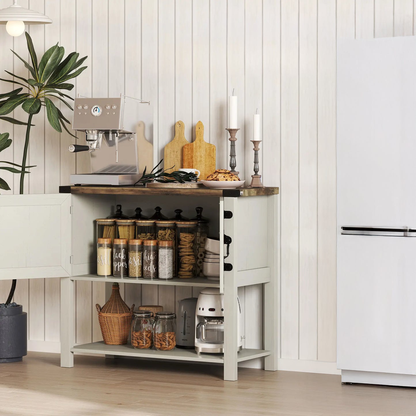 35" Farmhouse Storage Cabinet with Barn Doors and Bottom Shelf, White