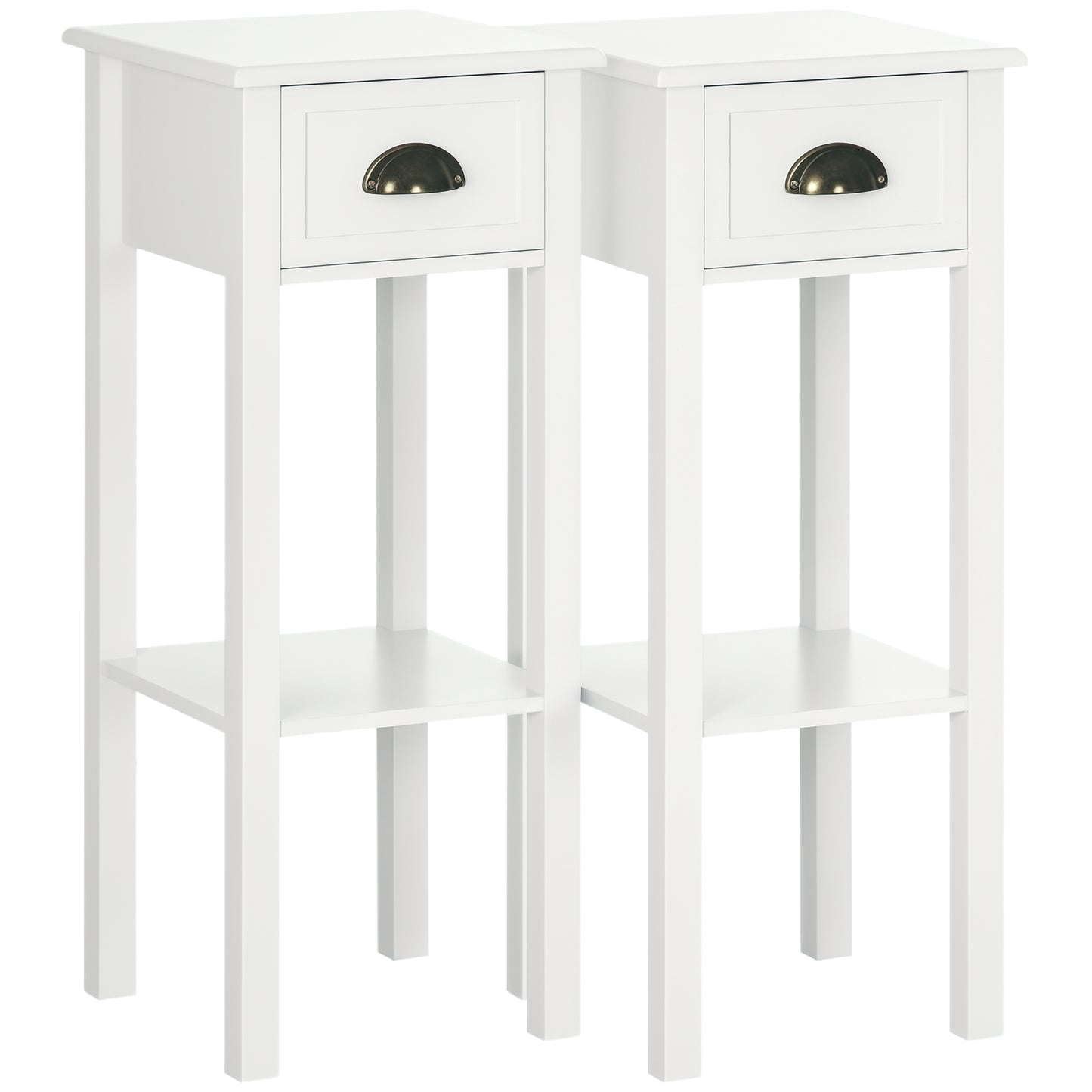 Narrow Tall Side Tables with Drawer and Shelf, White (Set of 2)