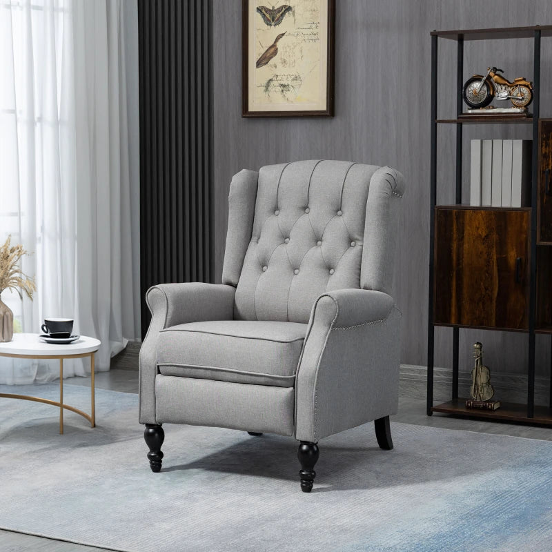 Manual Reclining Chair with Button Tufted Backrest, Light Grey
