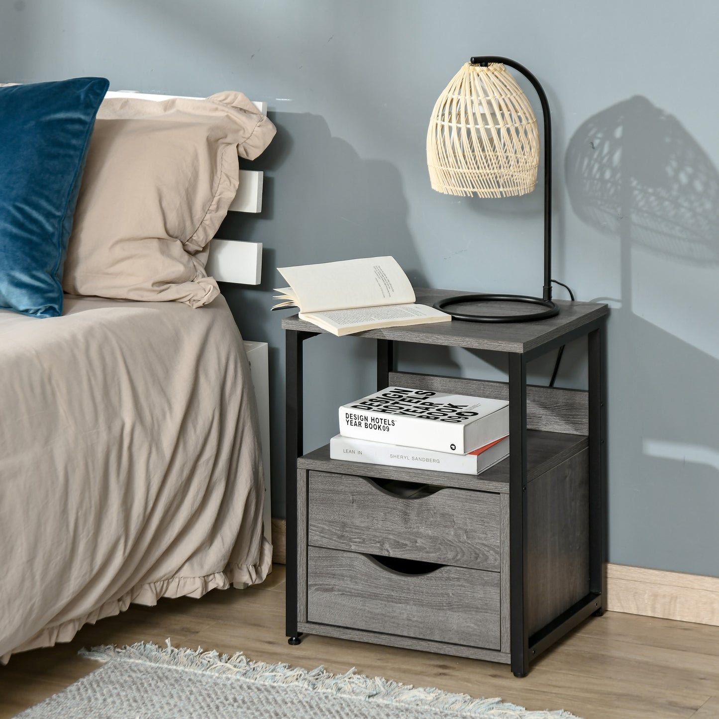 Industrial Style Nightstand with 2 Drawers and Storage Shelf, Gray