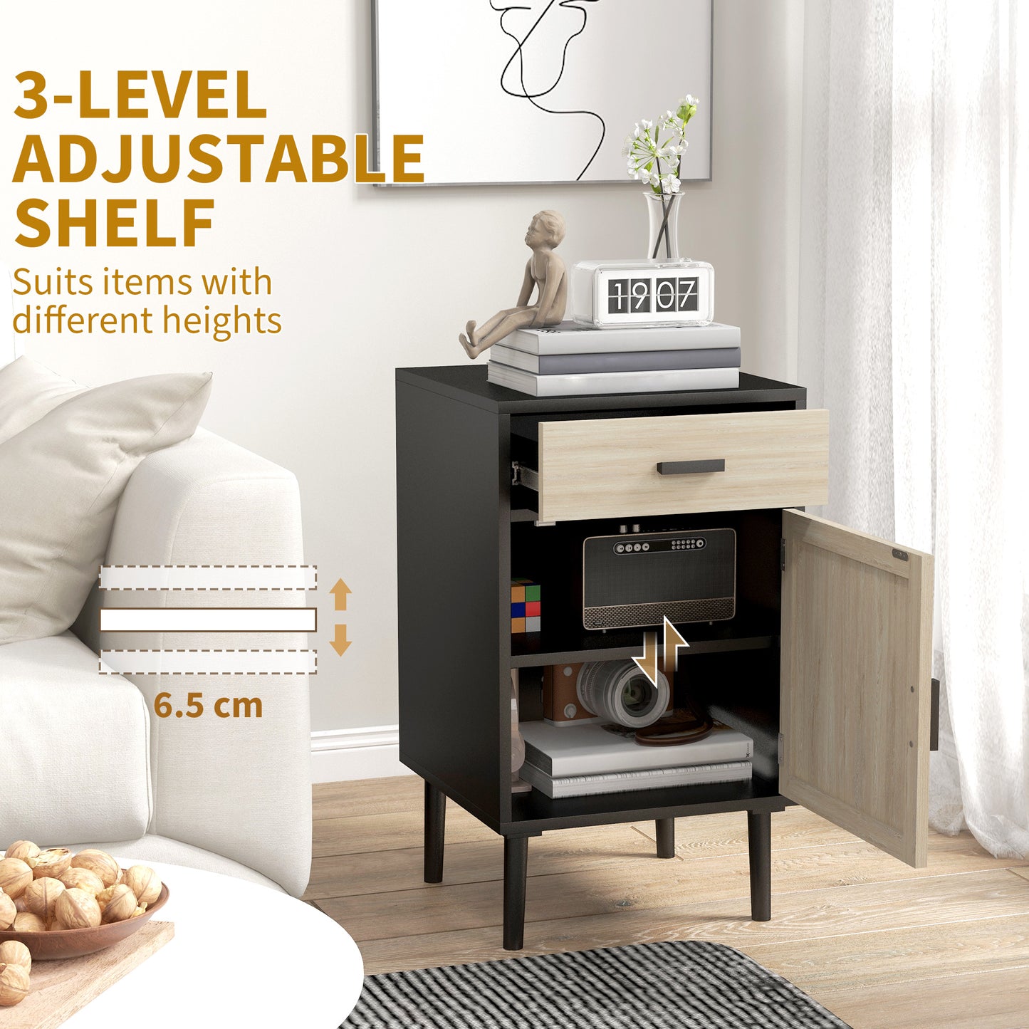 Boho Nightstands with Rattan Cabinet and Adjustable Shelf, Black (Set of 2)
