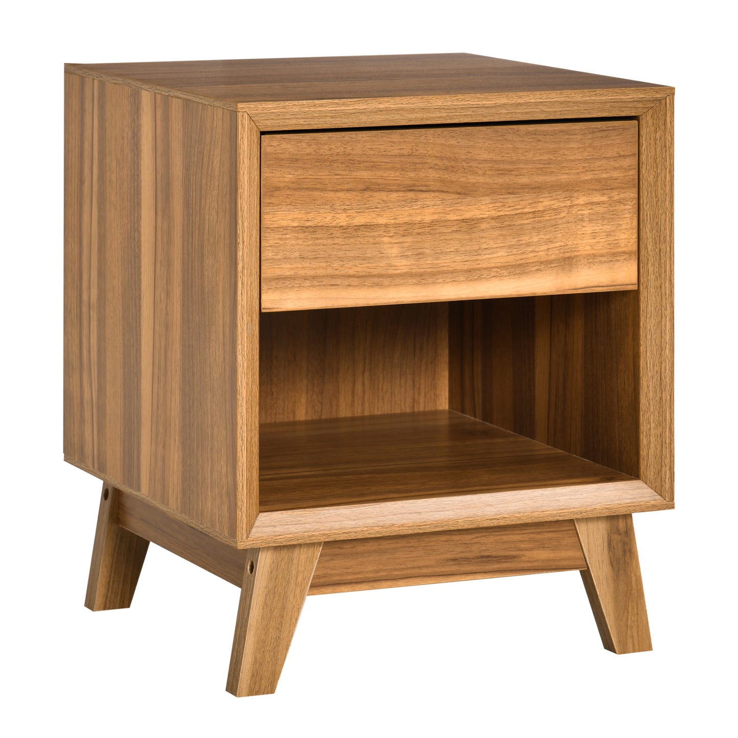Compact Bedside Table with Drawer and Open Shelf, Walnut Brown