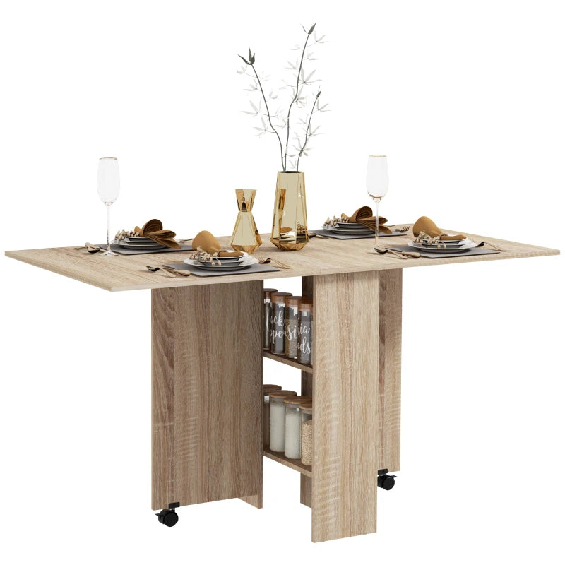 Extendable Dining Table with Storage Shelves and Rolling Wheels - Natural Wood