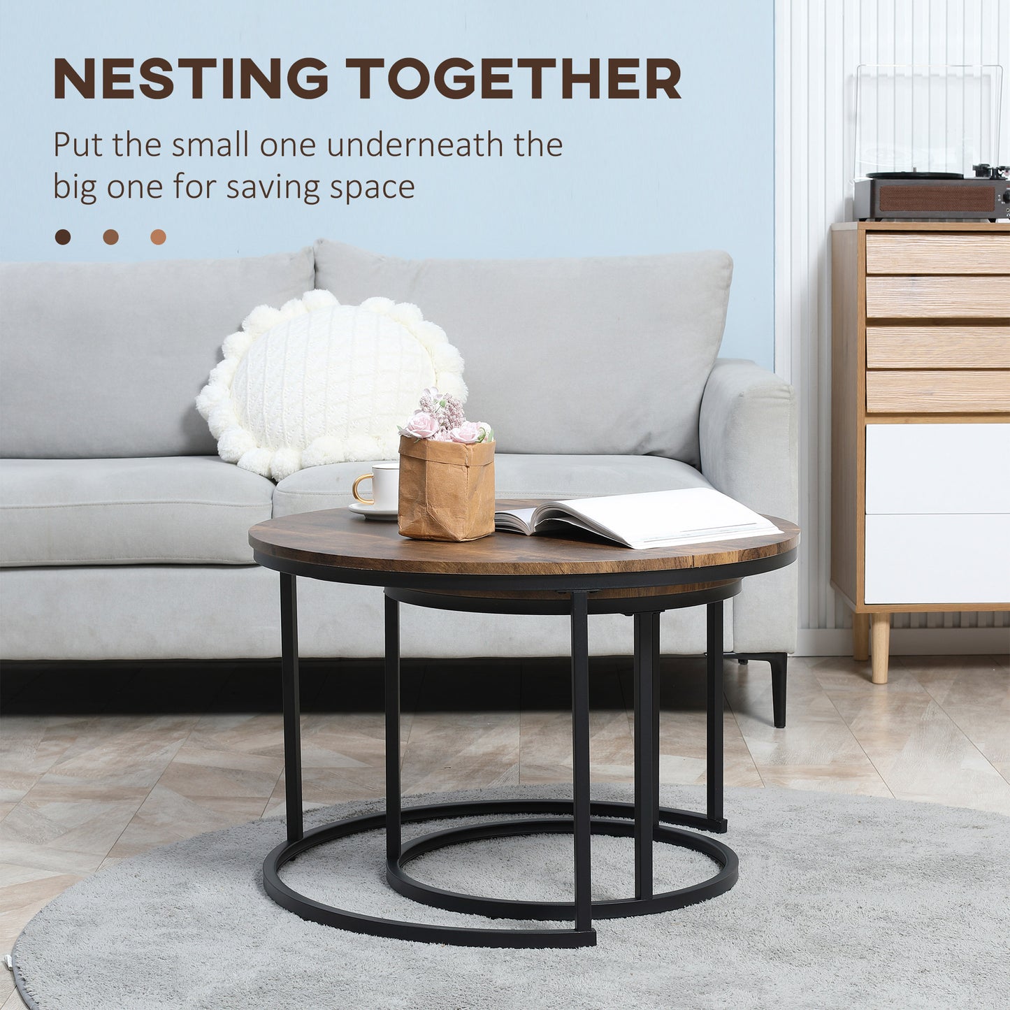 29" Round Nesting Coffee Tables with Metal Base, Rustic Brown (Set of 2)