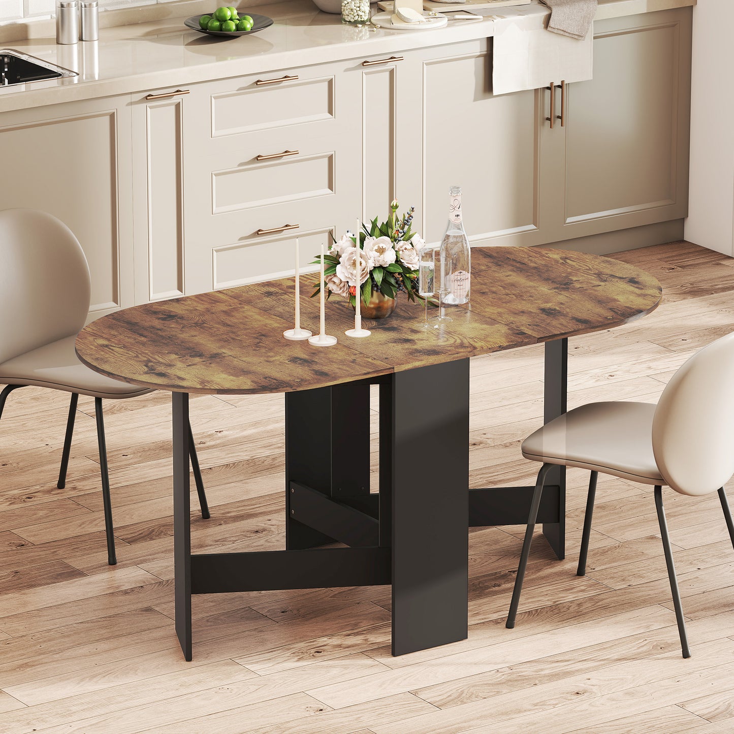 Oval Drop Leaf Dining Table with Space-Saving Design for Up to 6 People, Rustic Brown