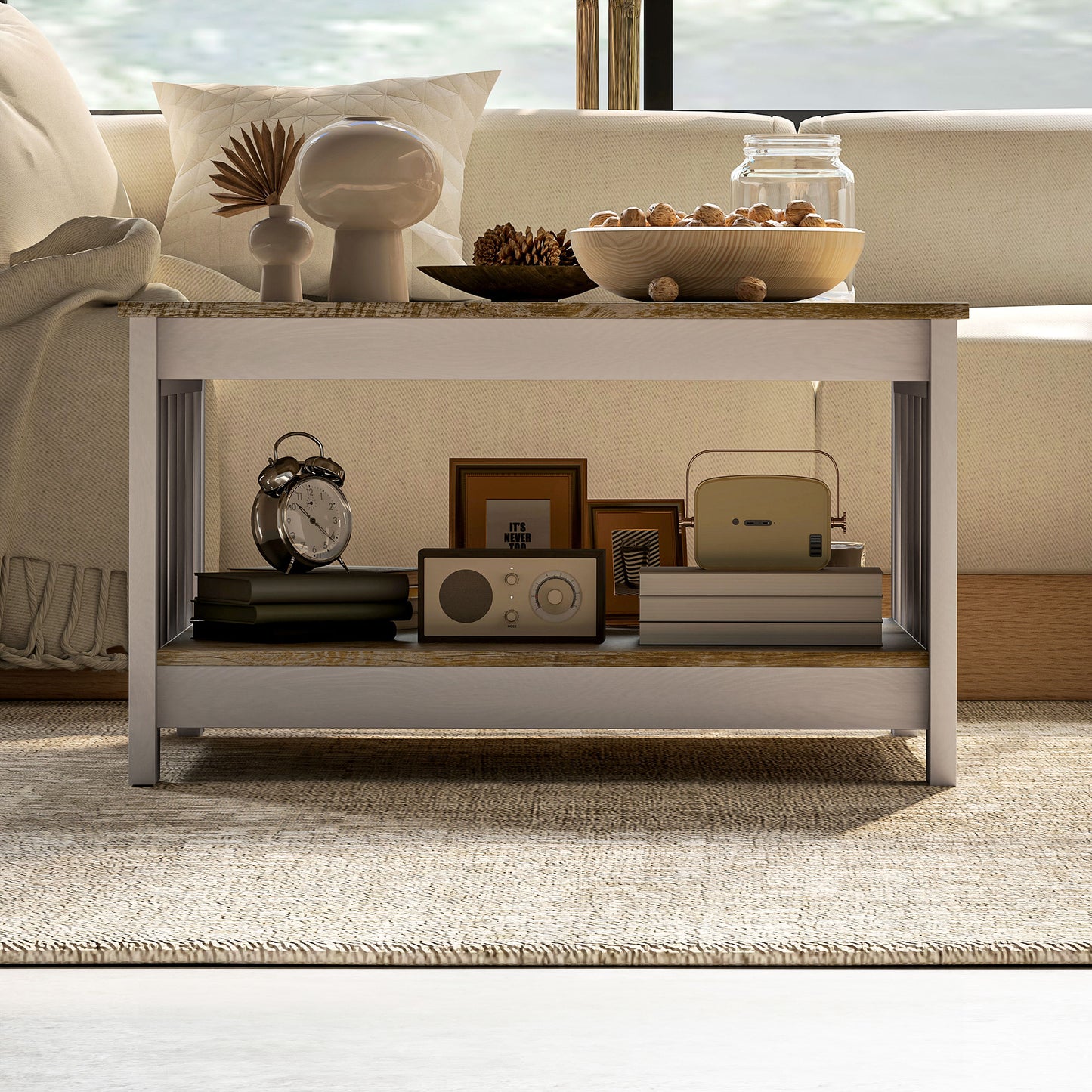 Farmhouse Square Coffee Table with X-Frame Design - Distressed Oak and Brown