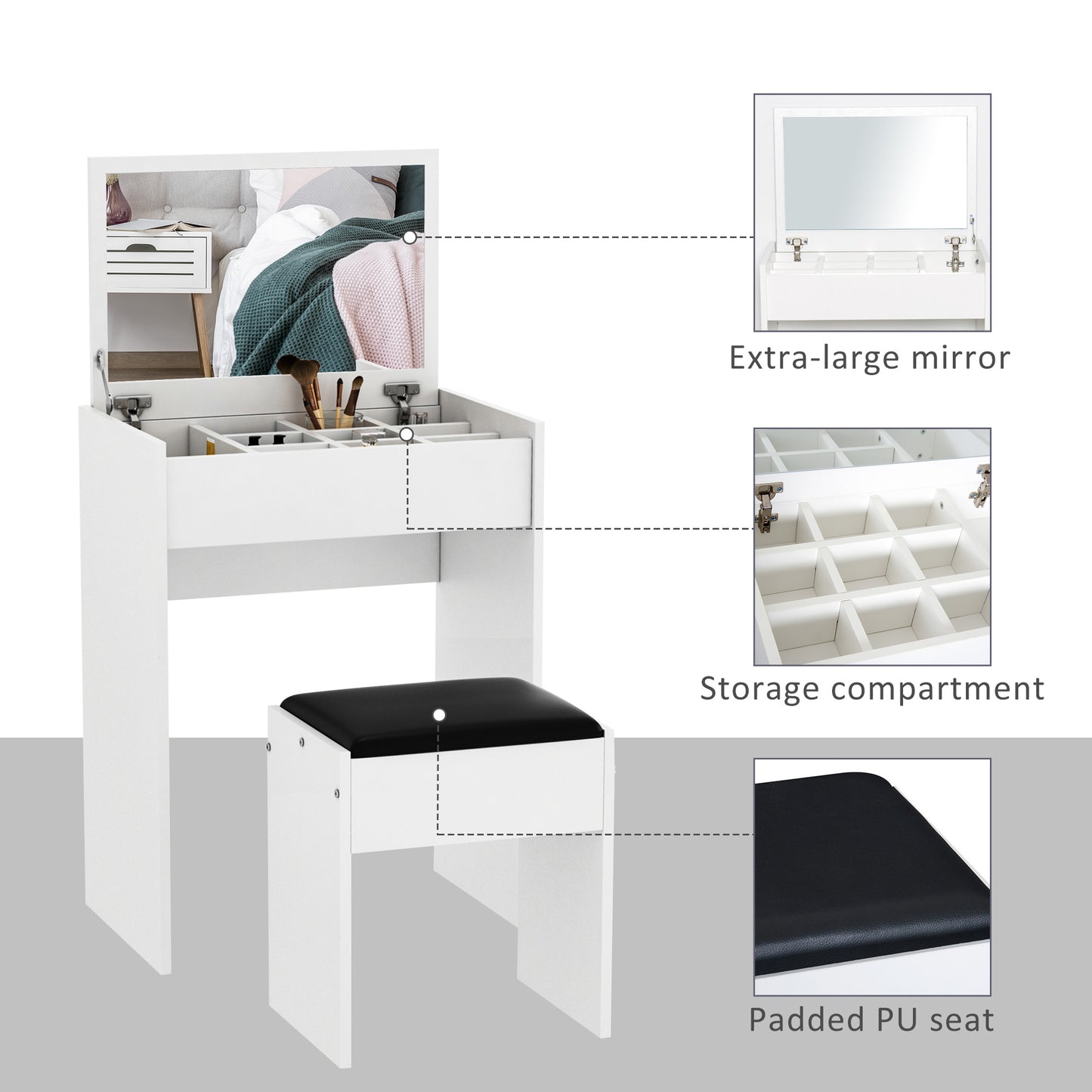 White Makeup Vanity Set with Flip-Top Mirror and Stool