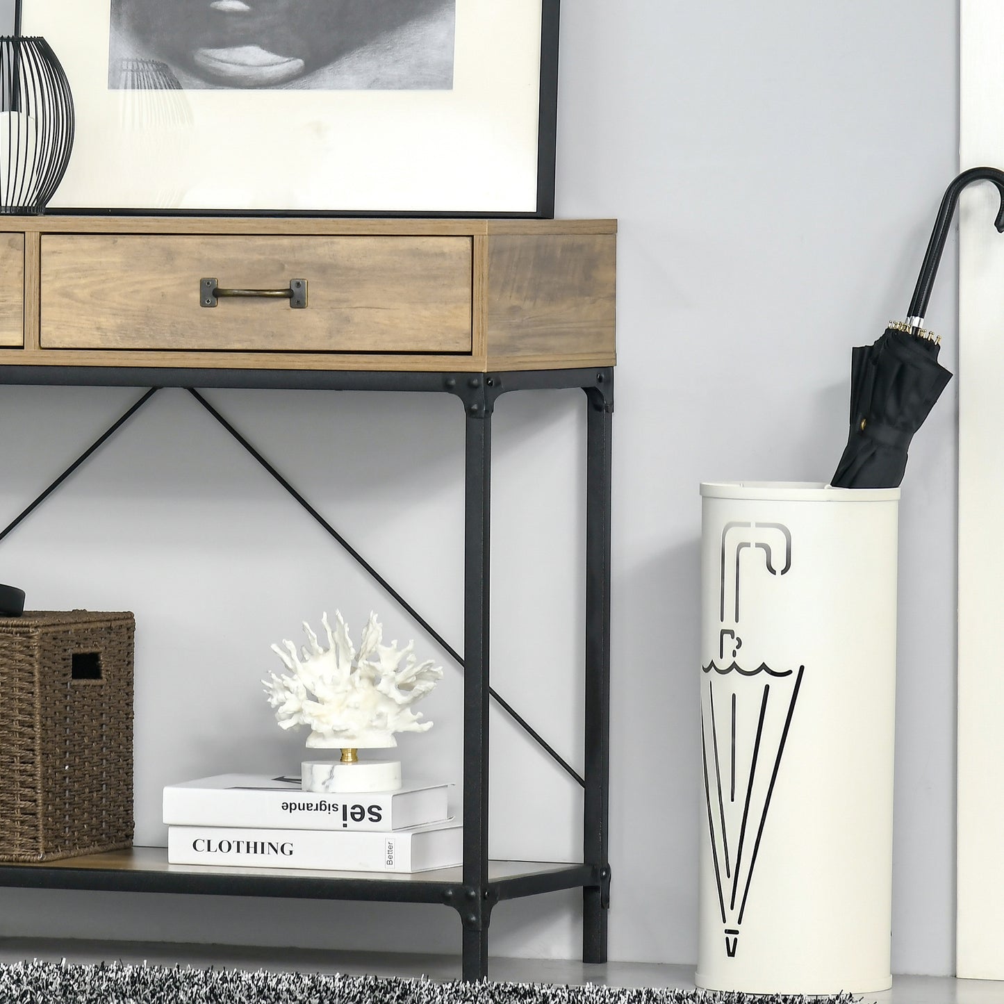 39" Vintage Console Table with Industrial Frame and Storage, Brown