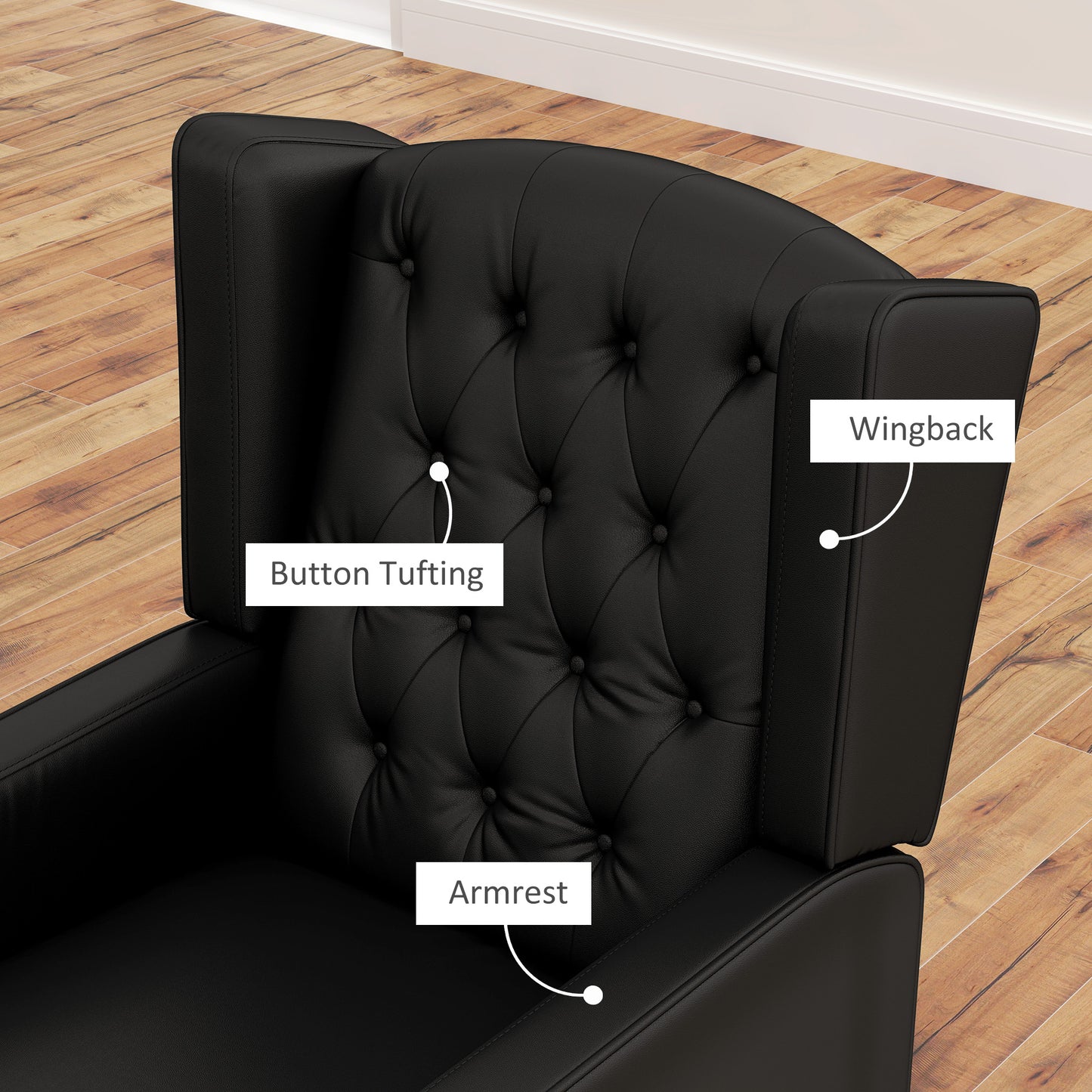 Button-Tufted Wingback Armchair with Faux Leather Upholstery, Black