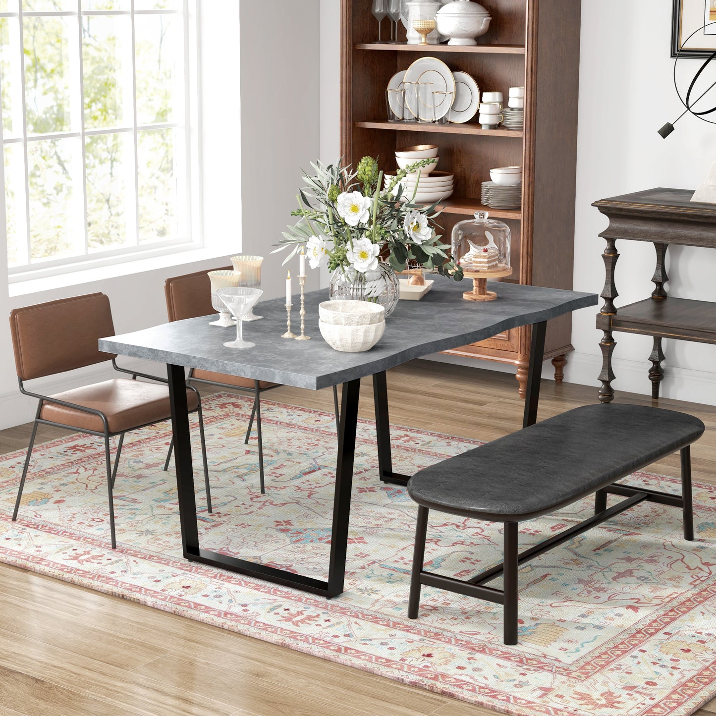 63" Industrial Dining Table with Wave Edge and Steel Legs - Cement Gray