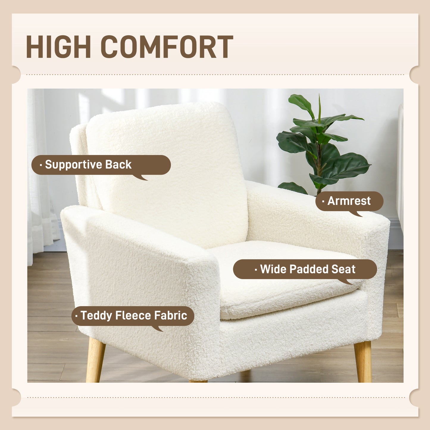 Fabric Accent Chair, Modern Upholstered Armchair with Wood Legs, Cream White