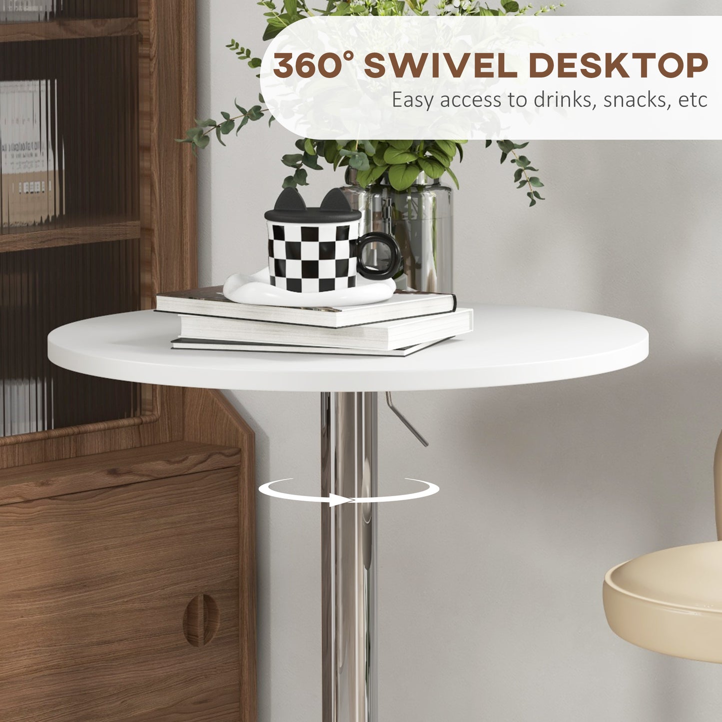 Adjustable Height Bar Table with 360° Swivel Top for 2 People, White