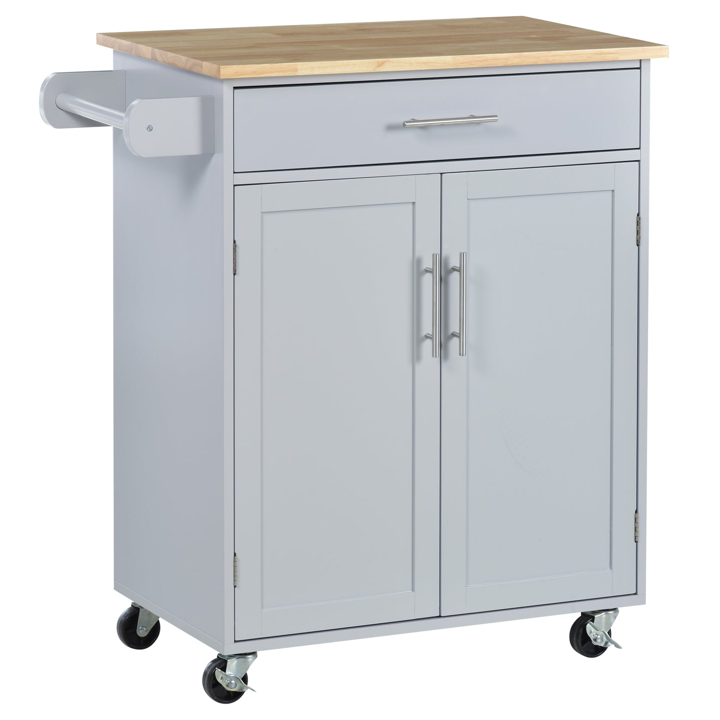 Rolling Kitchen Island Cart with Wood Top, Storage Drawer and Towel Rack, Grey