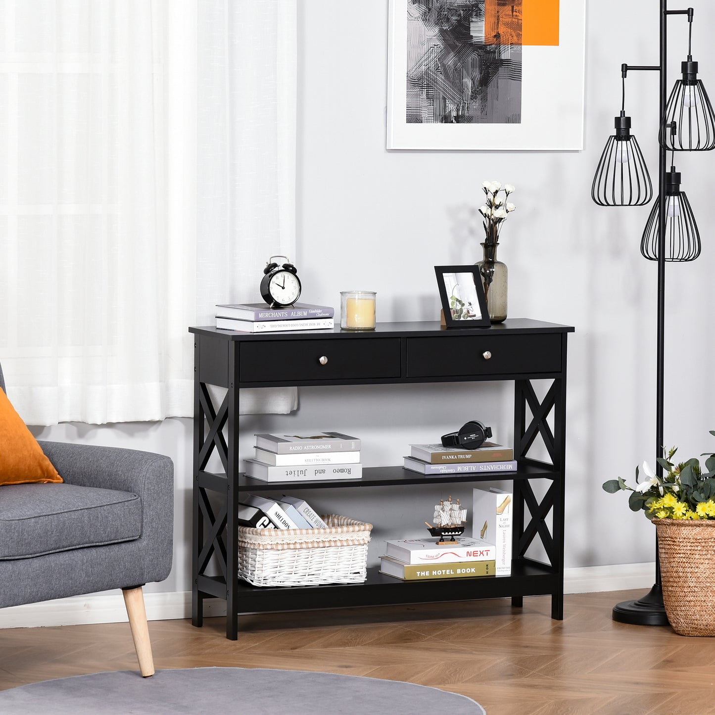 39" Console Table with X-Frame Design and Storage Drawers, Black