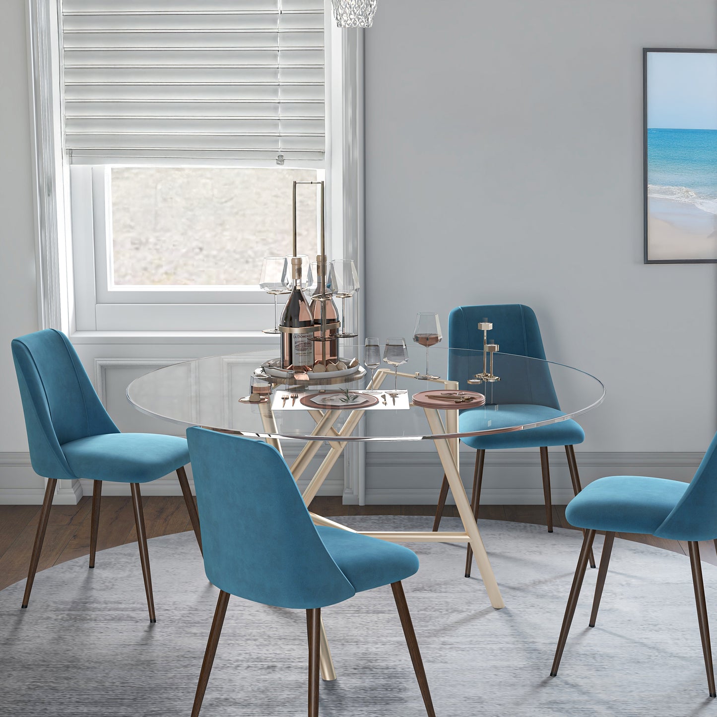 Velvet Dining Chairs with Wood Grain Steel Legs, Blue (Set of 4)