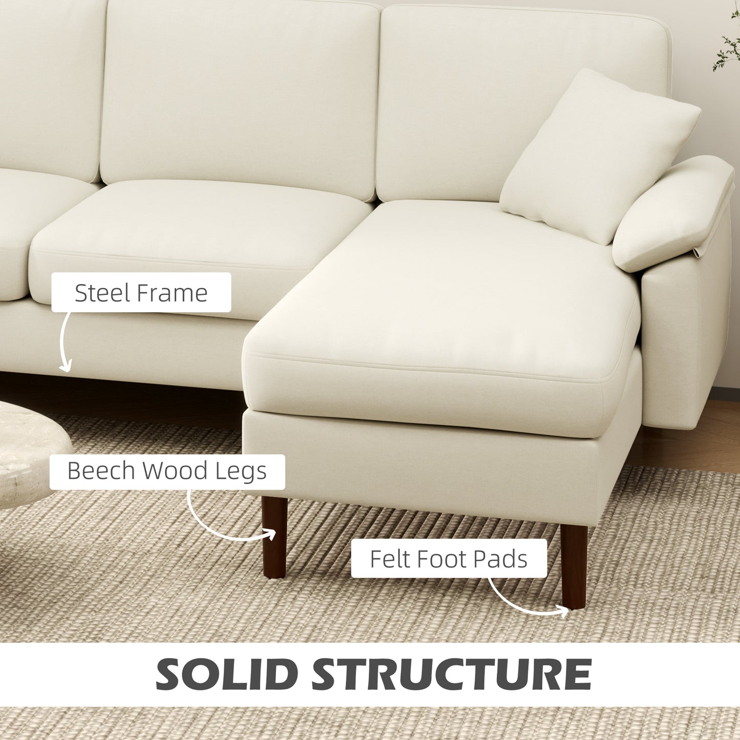L-Shaped Sectional Sofa with Reversible Chaise and Pillows, Cream White