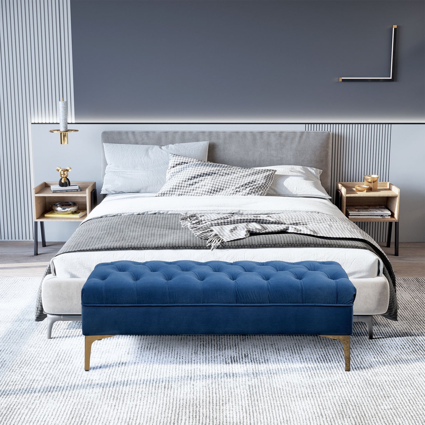 Navy Blue Button-Tufted Bench – Premium Upholstered Seating